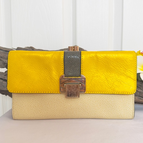 Rebecca Minkoff Handbags - REBECCA MINKOFF ~ Cream Clutch w/Yellow and Gray Accents Gold Toned Hardware